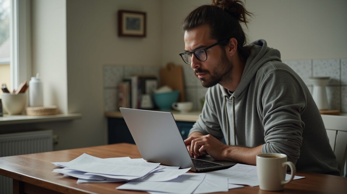 Mid-30s job seeker tailoring a resume with AI at a kitchen table, laptop open, printed resumes scattered, soft natural light — the modern job search.